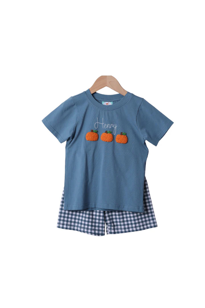 French Knot Pumpkin Stone Gingham Short Set | The Smocked Flamingo