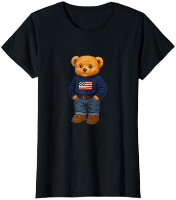 Cool American USA Teddy Bear Illustration Graphic Designs T-Shirt | Amazon (US)
