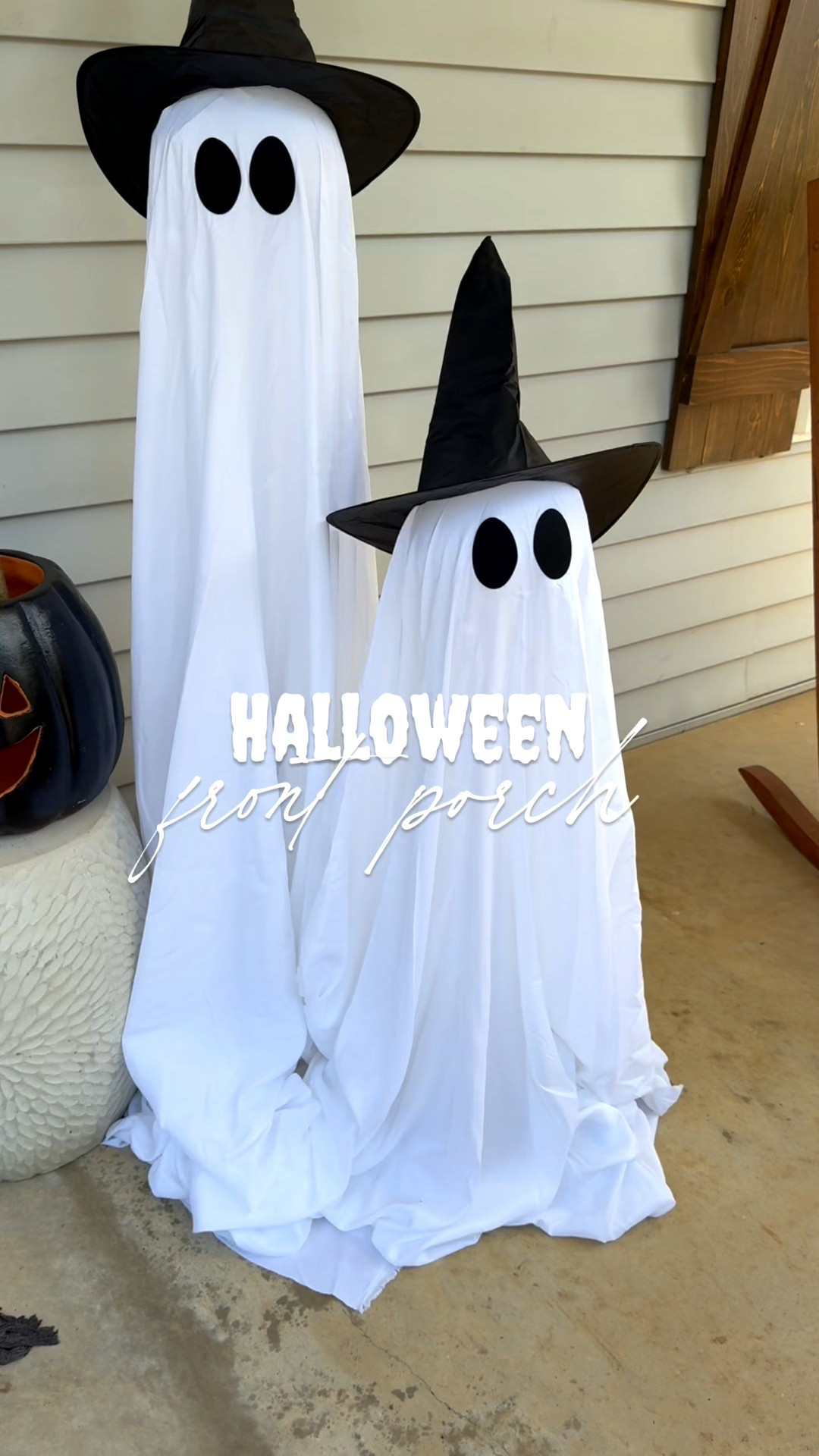 Halloween front porch! Ghosts, skeletons, bats, & witch hats! Still have to add my spooky orange lights and of course our jack o lanterns 🎃 

#LTKHome #LTKHalloween #LTKSeasonal