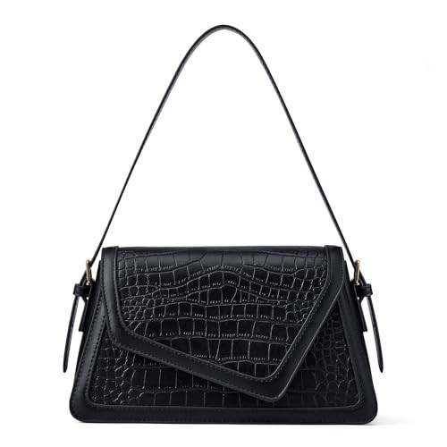 Black Shoulder Bag for Women, Flap Underarm Crocodile Leather Crossbody Black Purses, Women's Shoulder Handbags with 2 Removable Straps and Zipper Closure | Amazon (US)