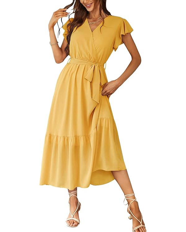 PRETTYGARDEN Women's Summer Floral Boho Dress Wrap V Neck Short Sleeve Ruffle A-Line Flowy Maxi W... | Amazon (US)