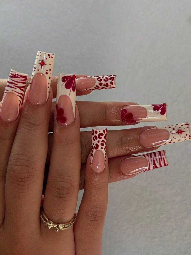 24pcs/Set Minimalist French Manicure Medium Length Nail Tips With Red Floral, 3D Rhinestone & Polka Dot Design, Reusable Nail Art Accessories With Jelly Gel And 1 Nail File, Suitable For Office Ladies, Casual Dates, Afternoon Tea, Outdoor Activities In Autumn/Winter Nails Nail Supplies | SHEIN