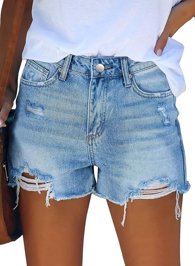 CHICZONE Mid-High Waisted Jean Shorts for Women Casual Summer Ripped Stretchy Denim Shorts | Amazon (US)