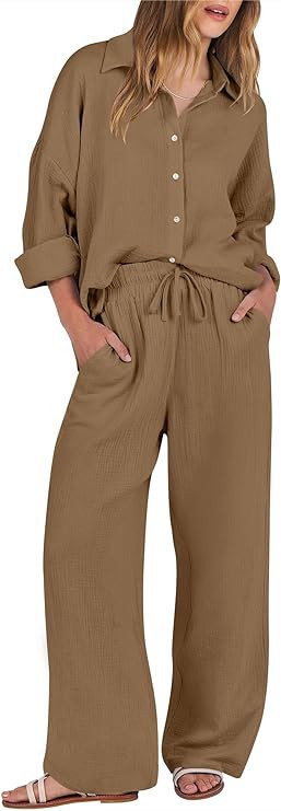 ANRABESS Women 2 Piece Outfits 2023 Long Sleeve Wide Leg Matching Lounge Sets Fashion Travel Vaca... | Amazon (US)