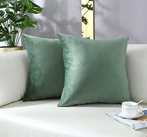 mixeoo Comfy Sage Green Throw Pillow Covers Decorative Square Solid Thick Velvet Super Soft Cushion  | Amazon (US)