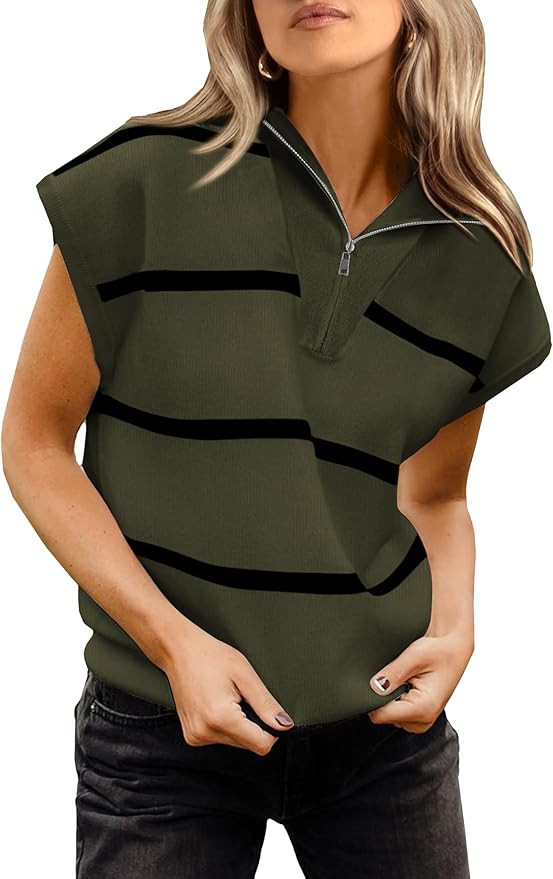 PRETTYGARDEN Women's Casual Striped T Shirts Cap Sleeve V Neck 1/4 Zip Basic Summer Tops Blouse | Amazon (US)