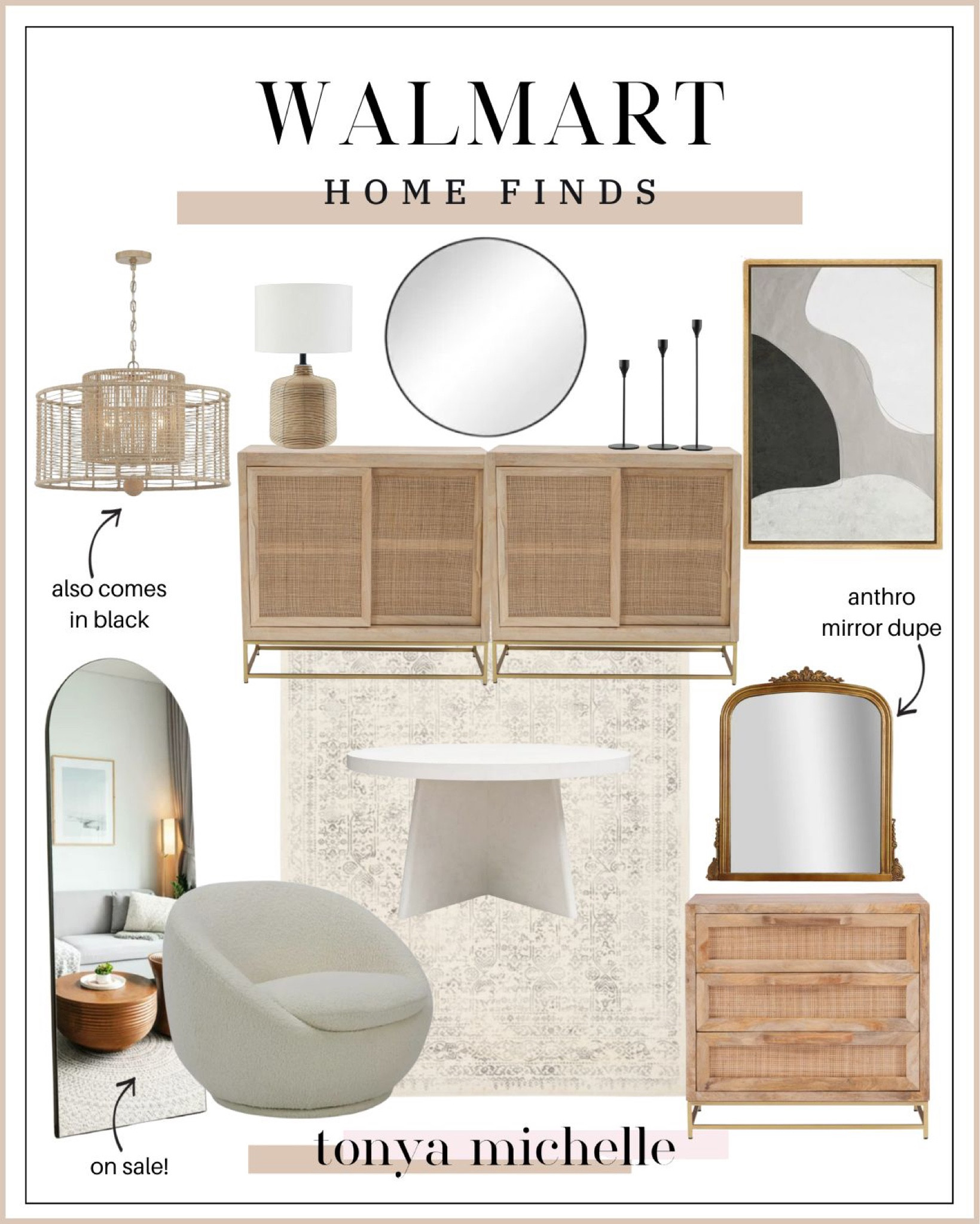 Walmart home - walmart furniture - living room inspiration - wood entryway tables - rattan cabinets - Sherpa chair - walmart living room furniture - pottery barn dupes - floor length mirrors - Anthropologie mirror dupes - wall art - living room decor - entryway styling 


#LTKhome #LTKstyletip #LTKSeasonal
