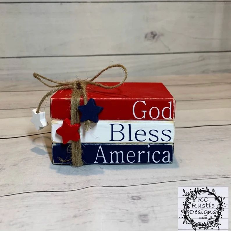 God Bless America mini wood book stack/ patriotic decor/ tier tray decor/ 4th of July decor/ wood... | Etsy (US)