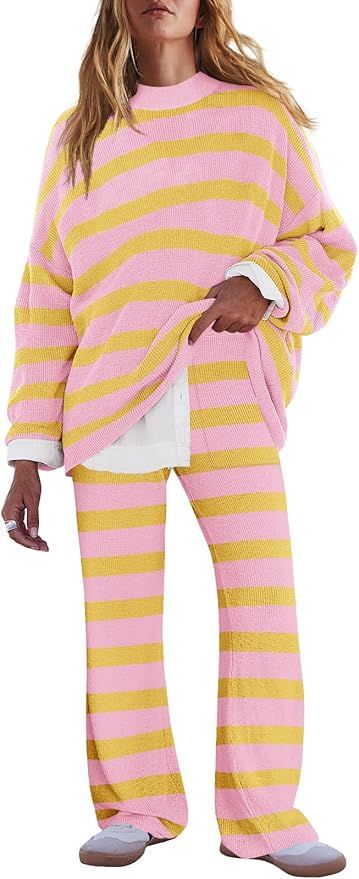 LAMISSCHE Oversized Womens Lounge Set Striped Sweater Set Long Sleeve 2 Piece Pajama Set Top and ... | Amazon (US)