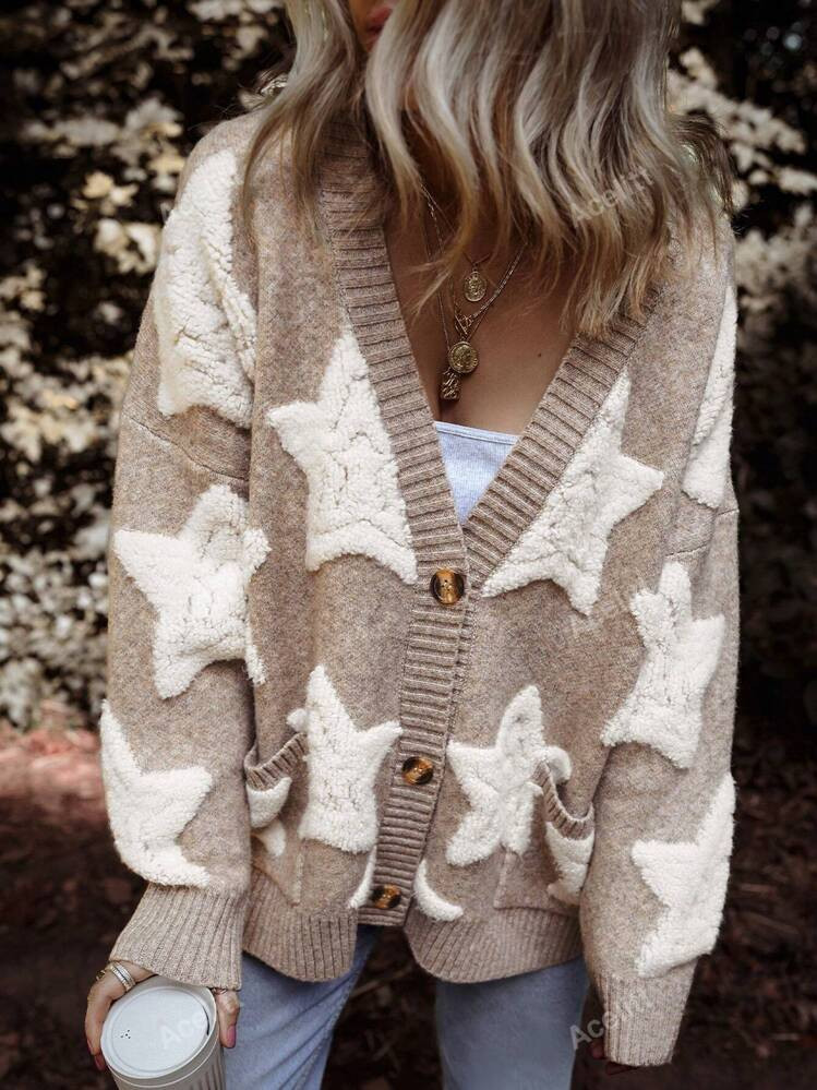 Acelitt Cute Casual Oversized Star Pattern Long Sleeve Cardigan, Runs Large | SHEIN