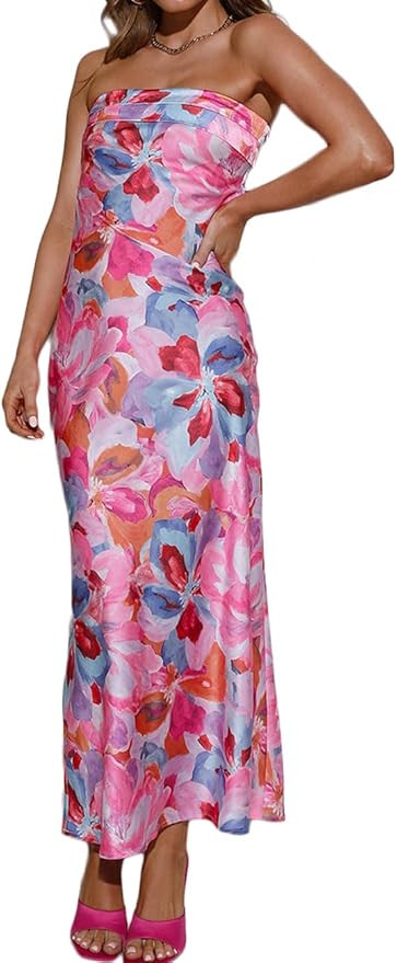 Realtix Satin Silk Backless Tube Tops Maxi Dress for Women Low Back Hollow Out Elegant Strapless ... | Amazon (US)