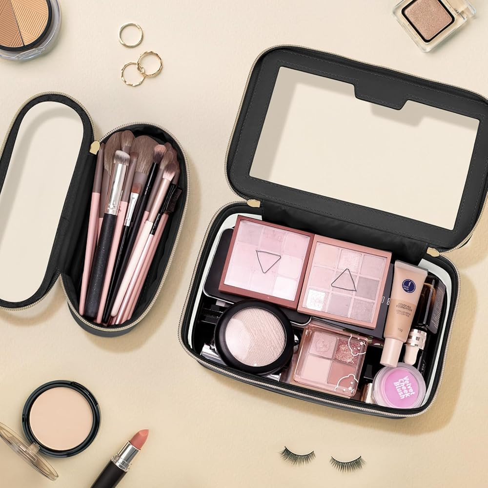 Travel Clear Makeup Bag with Makeup Brush Bag, Leather Makeup Case Toiletry Bag, Portable Cosmeti... | Amazon (US)