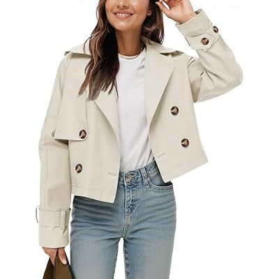 Tankaneo Womens Cropped Trench Coat Lapel Double Short Jacket Outwear | Oversized Dou… | Amazon (US)