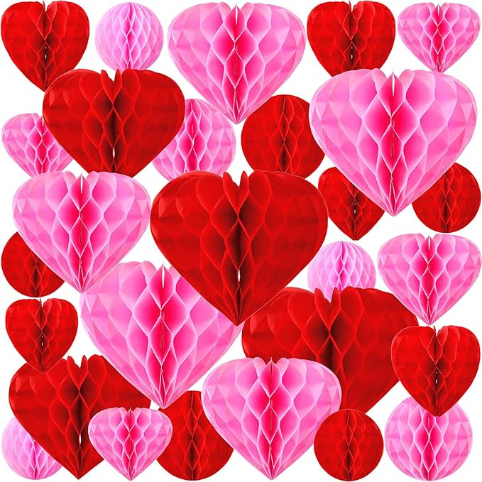 Yexiya 36 Pcs Valentine Heart Honeycomb Decorations Paper Pom Poms Paper Honeycomb Ball Paper Dec... | Amazon (US)