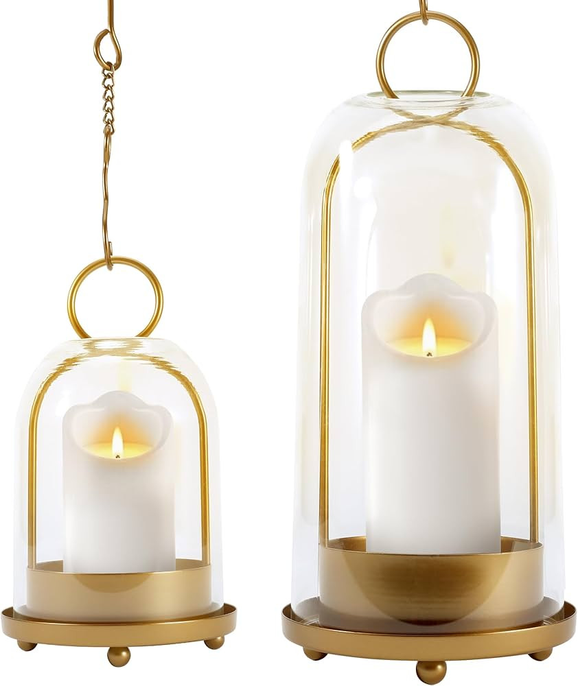Hurricane Glass Candle Holders, Large & Medium Brass Lanterns Hurricane Candlestick Holder for Pi... | Amazon (US)