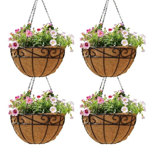 Qusuxi 4 Pack 10 Inch Hanging Baskets for Plants Outdoor Metal Hanging Planter Hanging Flower Baskets with Coco Fiber Liners Chain Round Wire Plant Holder Hangings Flower Pots(Plaid) | Amazon (US)