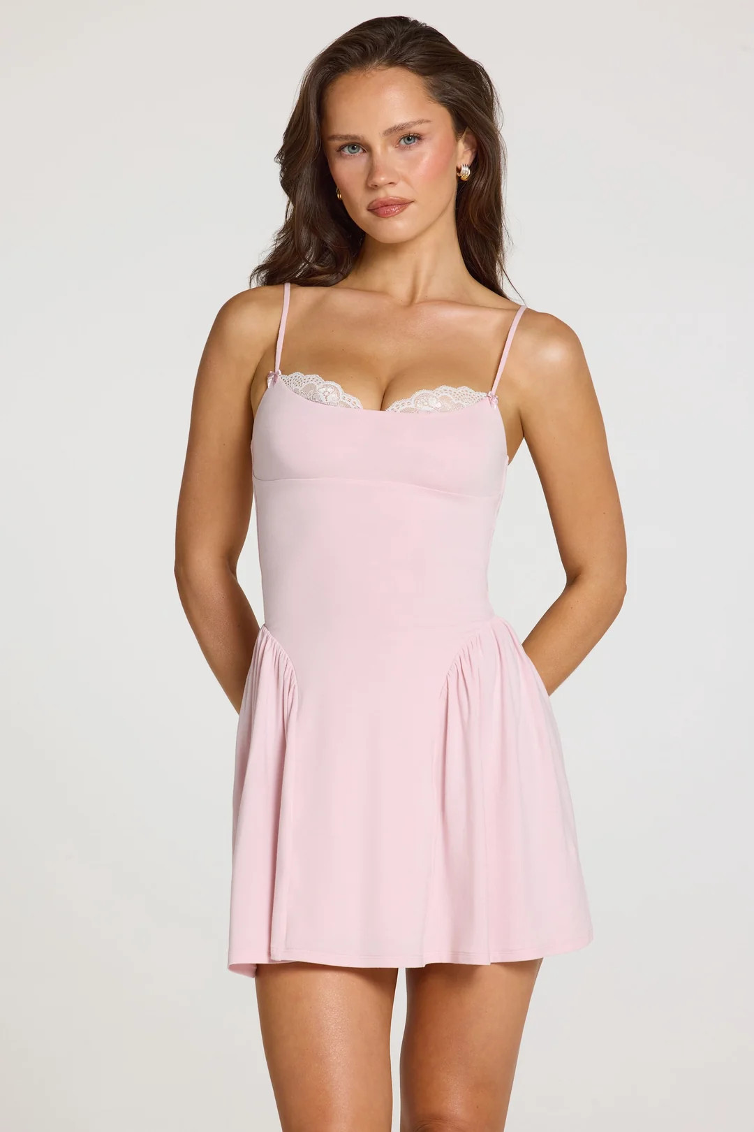 Modal Lace-Trim Mini Dress in Baby Pink | Oh Polly