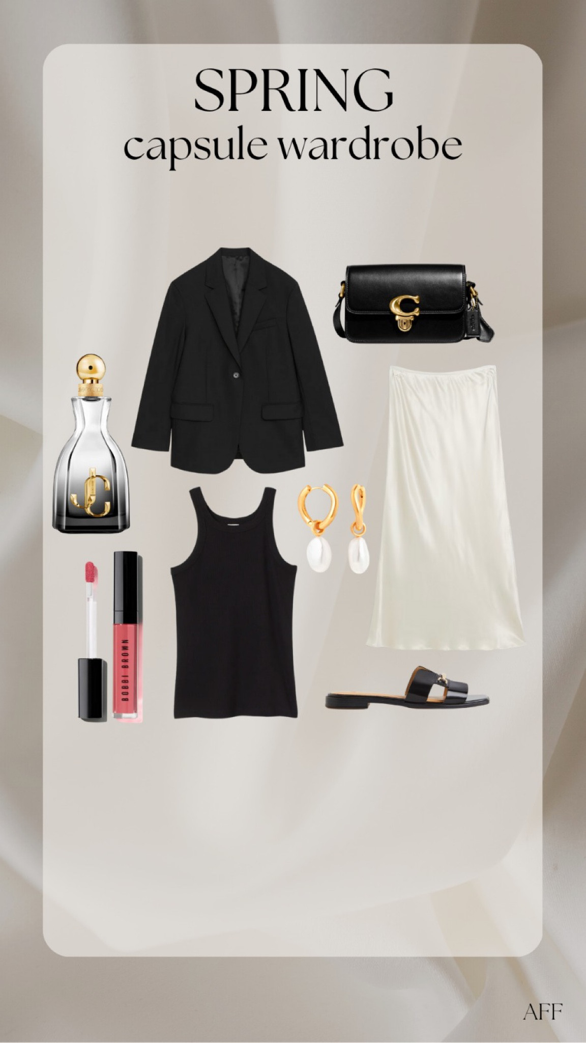 Spring capsule wardrobe outfit ideas - river island cream satin maxi skirt, H&M black tank top, Arket black wool hopsack blazer, Astrid & Miyu gold & Pearl earrings, H&M black sandals, Bobbi Brown oil infused lipgloss, Jimmy Choo I Want Choo perfume, coach black studio bag  

#LTKeurope #LTKstyletip #LTKSeasonal