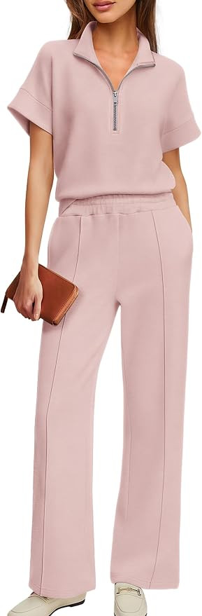 Womens 2 Piece Lounge Set Airport Travel Outfit Short Sleeve Half Zip Wide Leg Pants Summer Track... | Amazon (US)