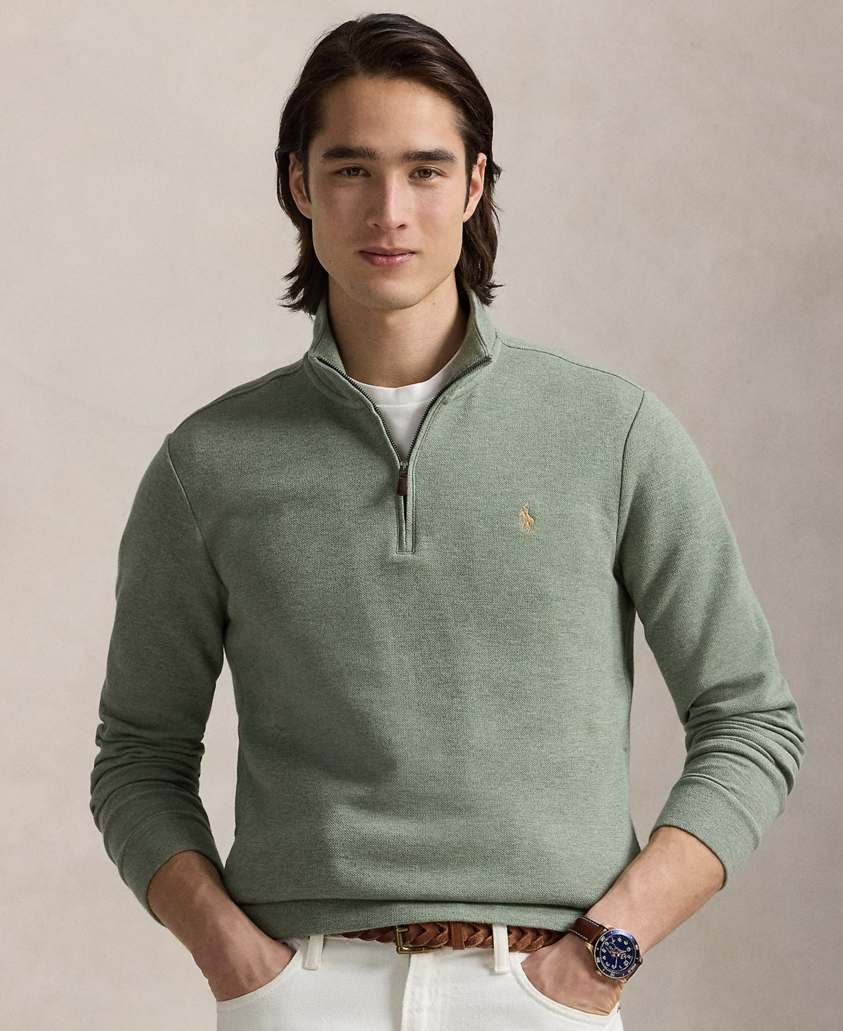 Polo Ralph Lauren Men's Double-Knit Mesh Quarter-Zip Pullover - Greenery Heather | Macy's