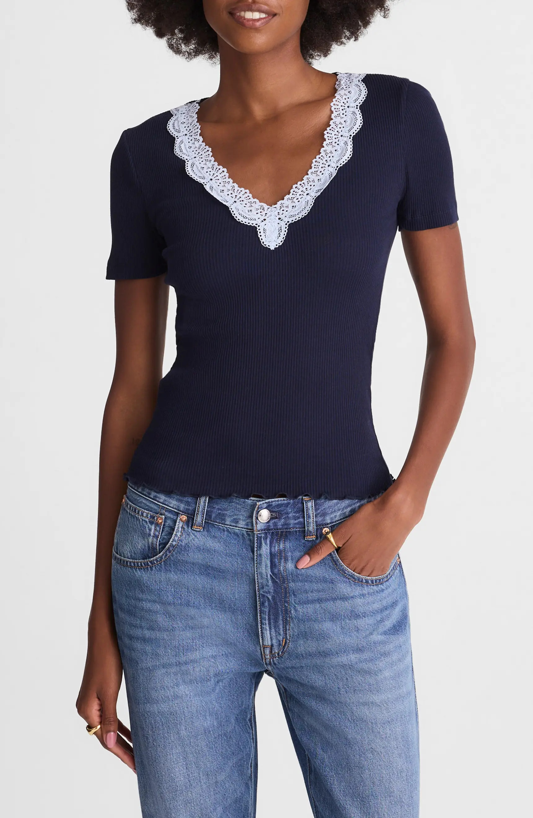 Lace Trim V-Neck Rib Top | Nordstrom