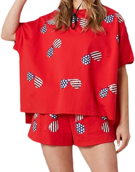 Women Independence Day Shorts Set Sequin American Flag Short Sleeve T Shirt 4th of July Patriotic... | Amazon (US)