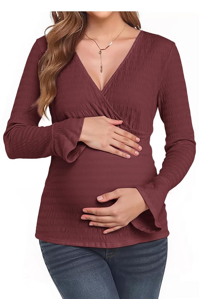 OUGES Women's Maternity Tops Long Bell Sleeve Wrap V Neck Textured Pregnancy Shirts Casual Blouse... | Amazon (US)