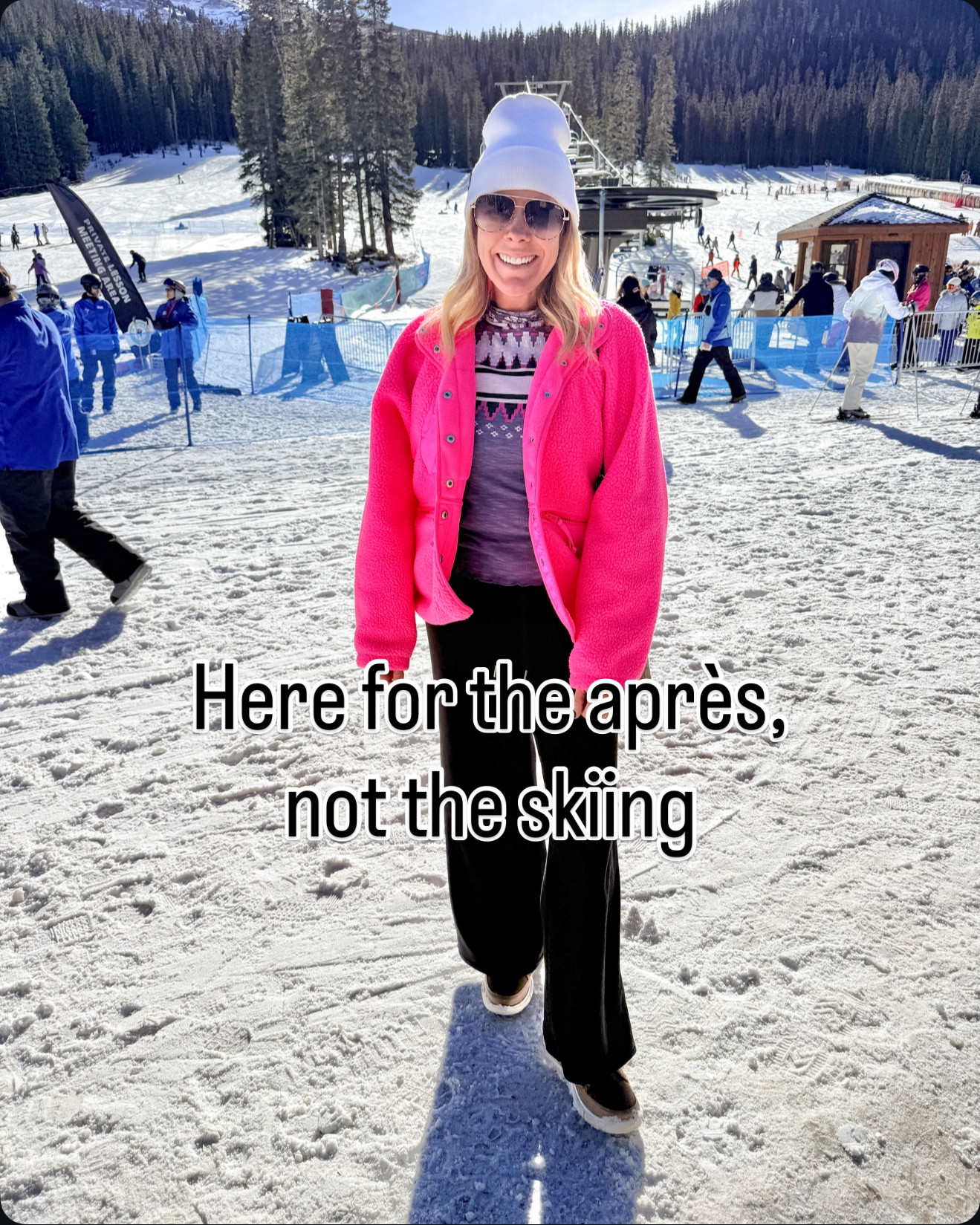 Size small free people jacket. Medium fair isle tshirt which runs small. Size up. Small spanx black sweats 

Apres ski skiing outfits 

#LTKootd #LTKTravel #LTKmomlife