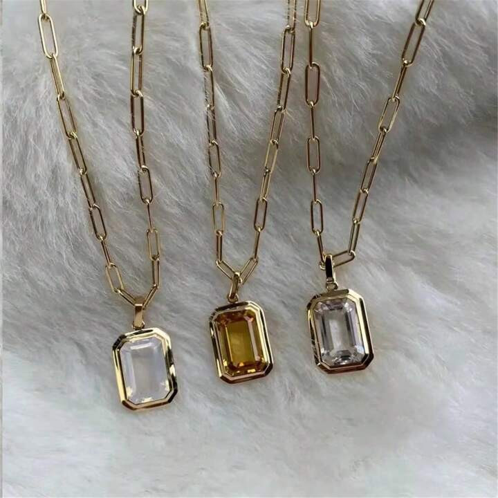 VKHK 1pc Punk Style 18K Gold Plated Stainless Steel Square Shaped Cubic Zirconia Pendant Necklace... | SHEIN