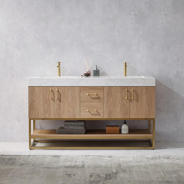 Vinnova Alistair 60-in North American Oak Undermount Double Sink Bathroom Vanity with White Engin... | Lowe's