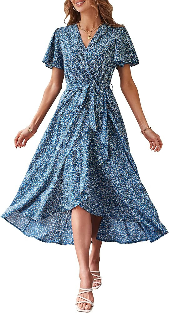 PRETTYGARDEN Women's 2024 Floral Boho Dress Wrap V Neck Short Sleeve Belted Ruffle Hem A-Line Flo... | Amazon (US)