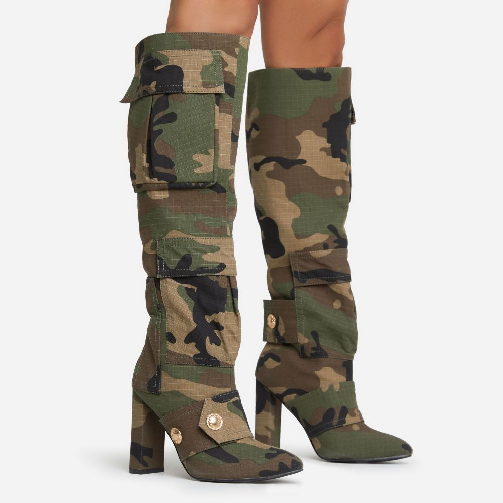 Jamisen Pocket Stud Detail Pointed Toe Block Heel Knee High Boot In Camo Print Fabric | EGO Shoes (US & Canada)