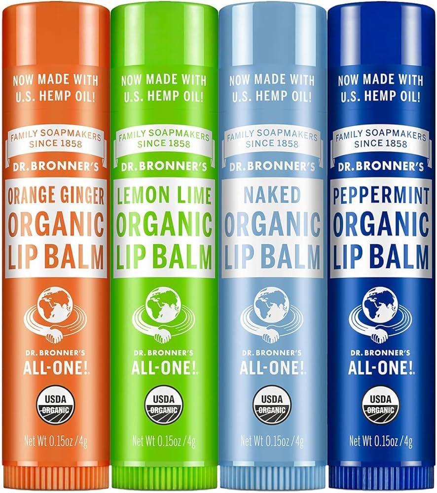 Dr. Bronner's - Organic Lip Balm Variety Peppermint, Orange Ginger, Naked, Lemon Lime) - Made wit... | Amazon (US)