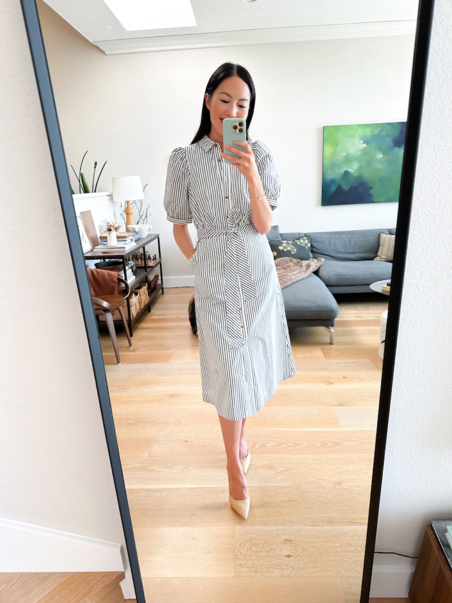 the cotton collarless belted shirt dress everlane Brand New Everlane Navy/White Stripe Cotton Collarless Belted Shirtdress  SIZE 6