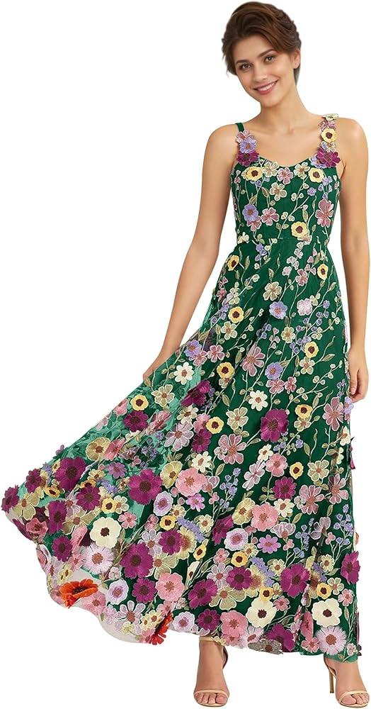 3D Floral Embroidery Prom Dresses for Women Long Spaghetti Straps Flower Applique Tulle Formal Go... | Amazon (US)