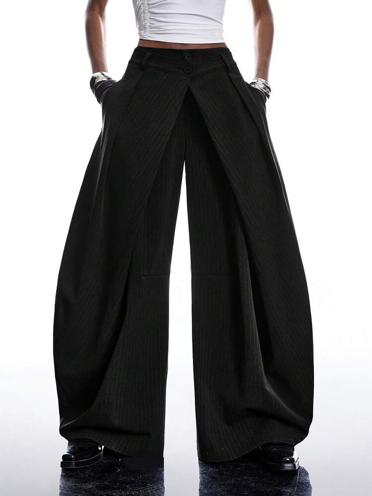 LYSMO 2026 New Minimalist Spring/Summer Women's Black Striped Pleated Pocket Wide Leg Loose Casual Pants, Wide Leg Pants, Pleated Pants, Loose Pants, Extra Large Pants, Bow Tie Pants, Suitable For Work/Business Casual/Office Wear | SHEIN