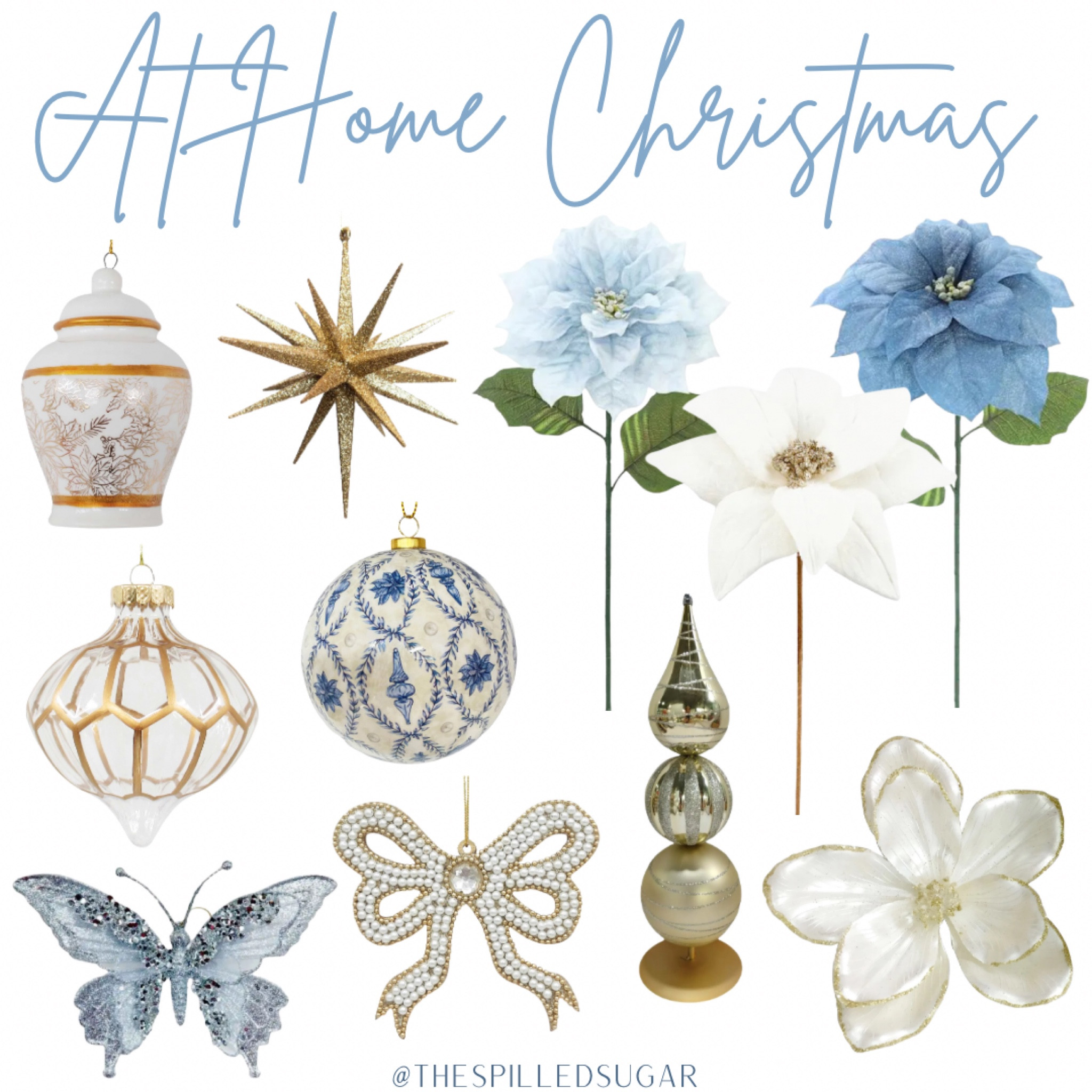 At Home Christmas finds!

Blue Christmas, blue and white decor, star ornament, blue butterfly, gold butterfly, magnolia clip, poinsettia stem, blue poinsettia, ginger jar ornament, gold ornament, blue ornament, blue and white Christmas, gold finial, Christmas tree decor, bow ornament

#LTKHome #LTKHoliday #LTKSeasonal
