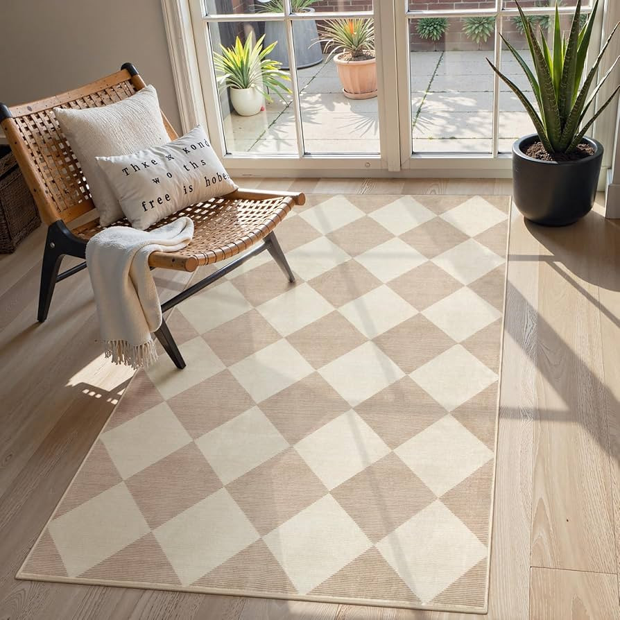 Beeiva Checkered Print 3x5 Washable Area Rug for Bedroom, Non Slip Ultra Thin Beige Entryway Rug ... | Amazon (US)