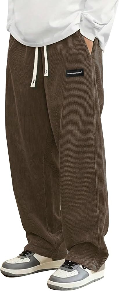Mens Corduroy Casual Pants Fashion Loose Fit Wide Leg Pants Straight Sweatpants Elastic Waist Dra... | Amazon (US)