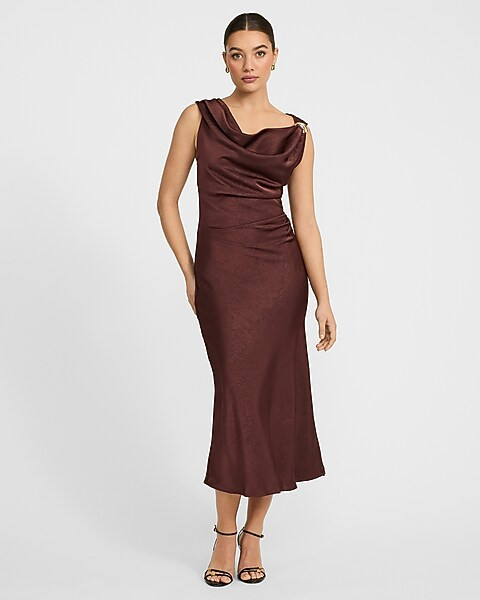Satin Cowl Neck Hardware Ruched Midi Dress | Express