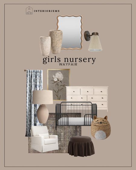 Girls nursery get the look, all from Wayfair, framed floral art, wavy mirror, the cutest wall, sconce, neutral table, lamp, ruffled, ottoman, nursery, chair, rocking chair, swivel chair, crib, affordable, dresser, beige dresser, floral curtains, girls bedroom

#LTKHome #LTKStyleTip #LTKSaleAlert
