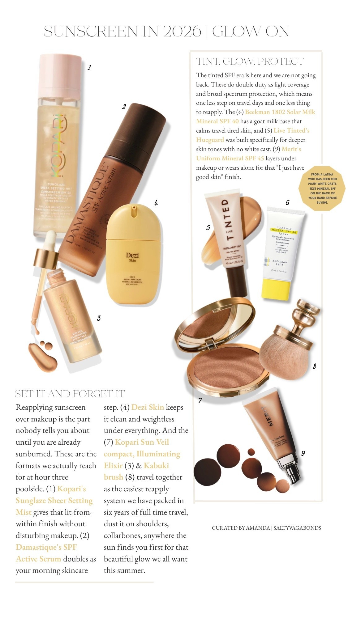 The 2026 Tinted SPF Edit | The tinted SPF era is here and we are not going back. After six years of full time family travel, here is the curated edit of mineral and reef friendly sunscreens that actually photograph well, layer under makeup, and survive hour three poolside. From the Beekman 1802 Solar Milk Mineral SPF 40 with a goat milk base for travel-tired skin, to Live Tinted's Hueguard built for deeper skin tones with no white cast, to the Kopari Sun Veil compact and Kabuki brush that travel together as the easiest reapply system we have packed. Set, glow, protect, repeat.

#LTKSwim #LTKBeauty #LTKTravel
