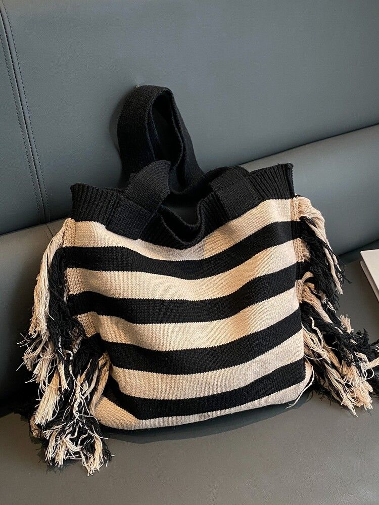 Striped Pattern Crochet Bag Fringe Trim Vacation For Summer | SHEIN