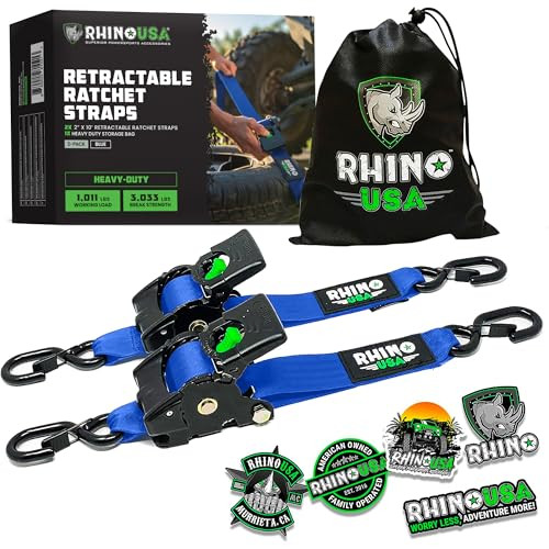 Rhino USA Retractable Ratchet Tie Down Straps (2PK) - 3,033lb Max Break Strength, Includes (2) Ultimate 2" x 10' Autoretract Tie Downs with Padded Handles | Amazon (US)