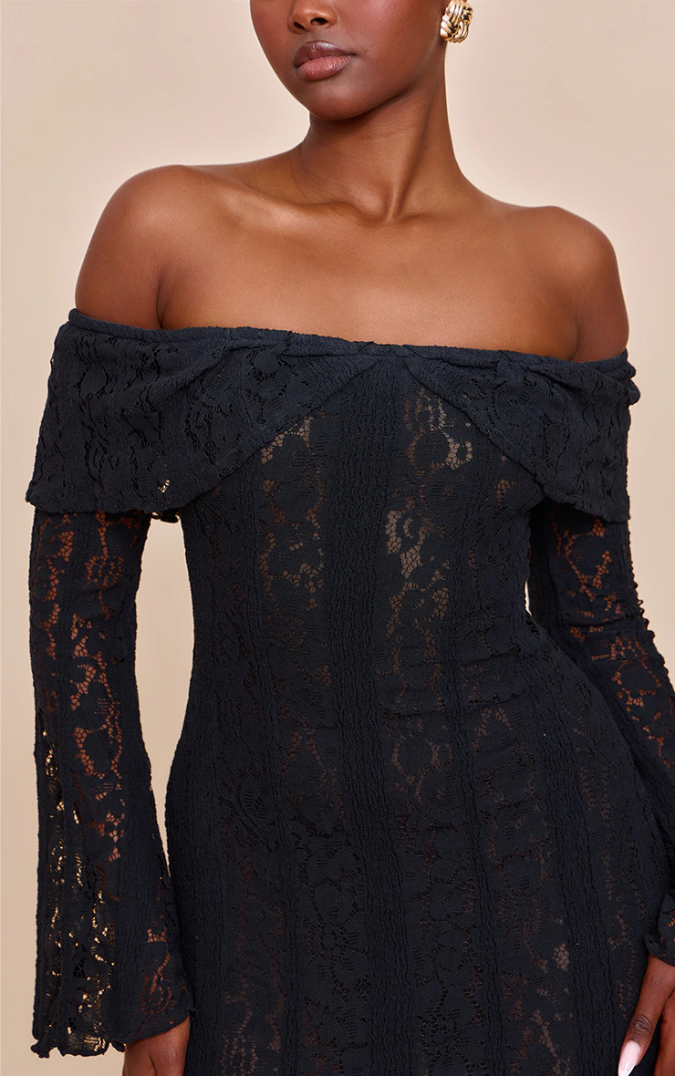 Black Lace Bardot Long Sleeve Mini Dress | PrettyLittleThing US