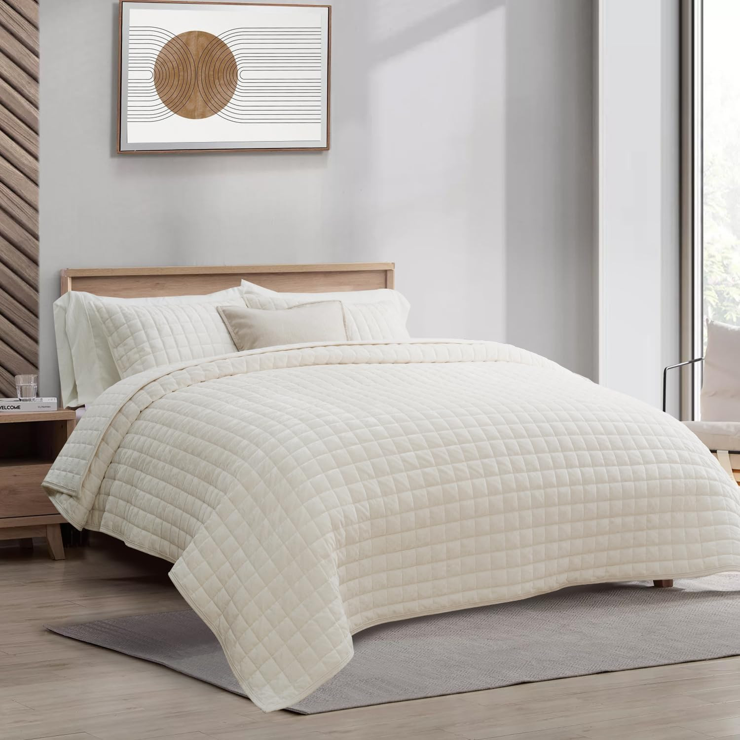 RECYCO Channel Box Stitch Velvet Quilt Set, Full Queen Size, Cream White | Amazon (US)