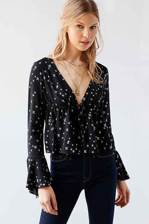 Kimchi Blue Eleanor Bell-Sleeve Button-Down Blouse,BLACK MULTI,S | Urban Outfitters US