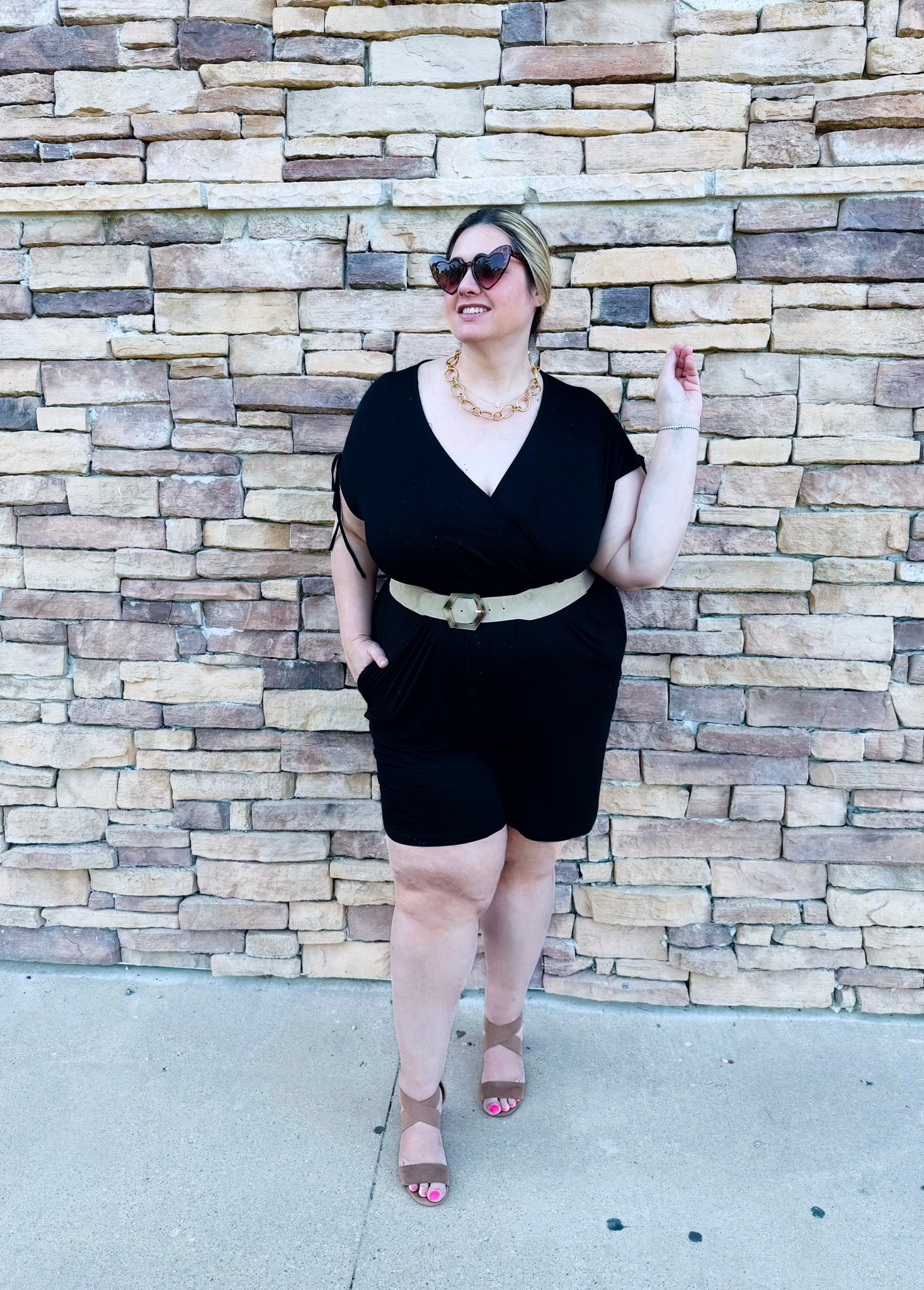 A soft and casual romper dressed up with heeled sandals, gold necklace and a neutral belt for easy weekend style 

#LTKmomlife #LTKPlusSize #LTKootd