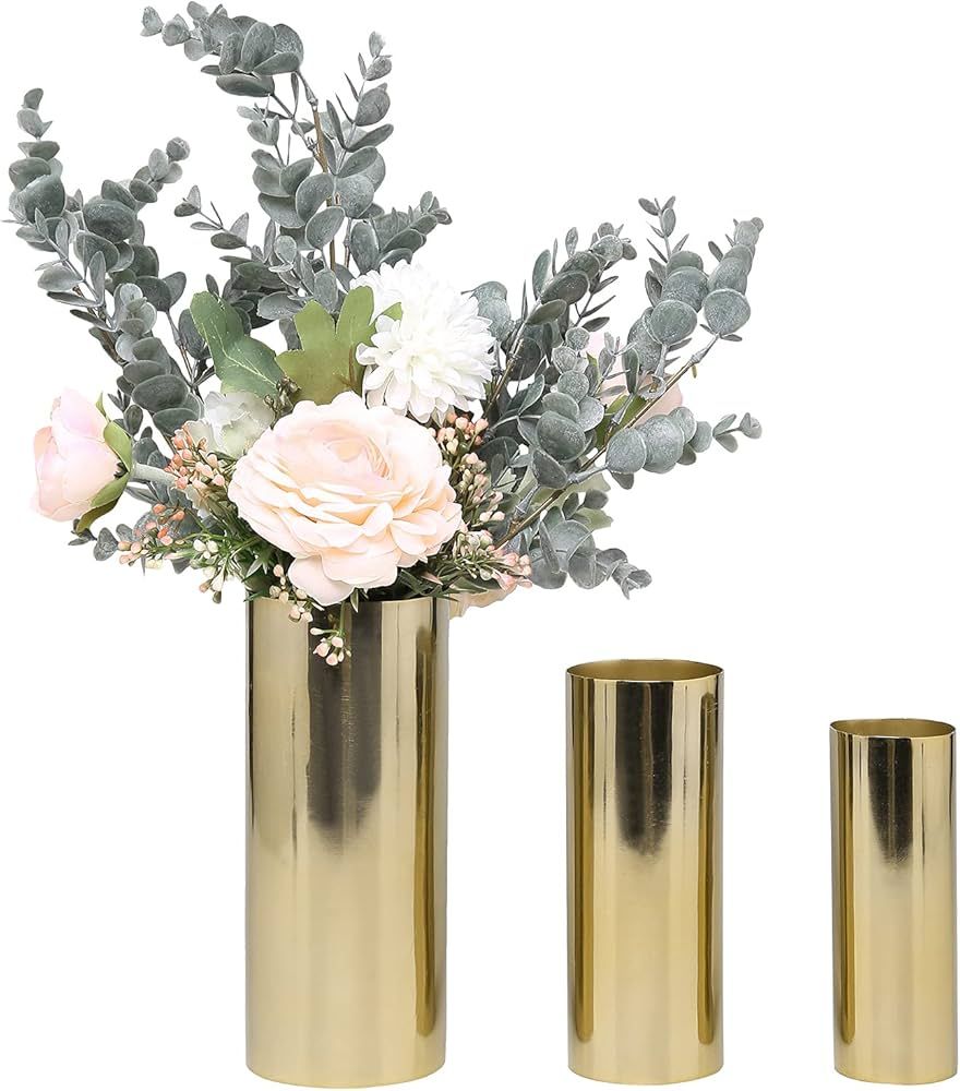 MyGift Modern Brass Tone Cylindrical Metal Vase, Elegant Wedding Centerpiece Tabletop Vases, 3 Pi... | Amazon (US)