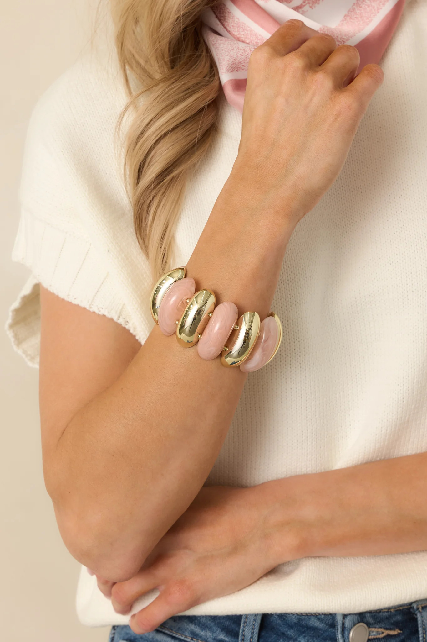 A Touch of Radiance Pink & Gold Beaded Statement Bracelet | Red Dress